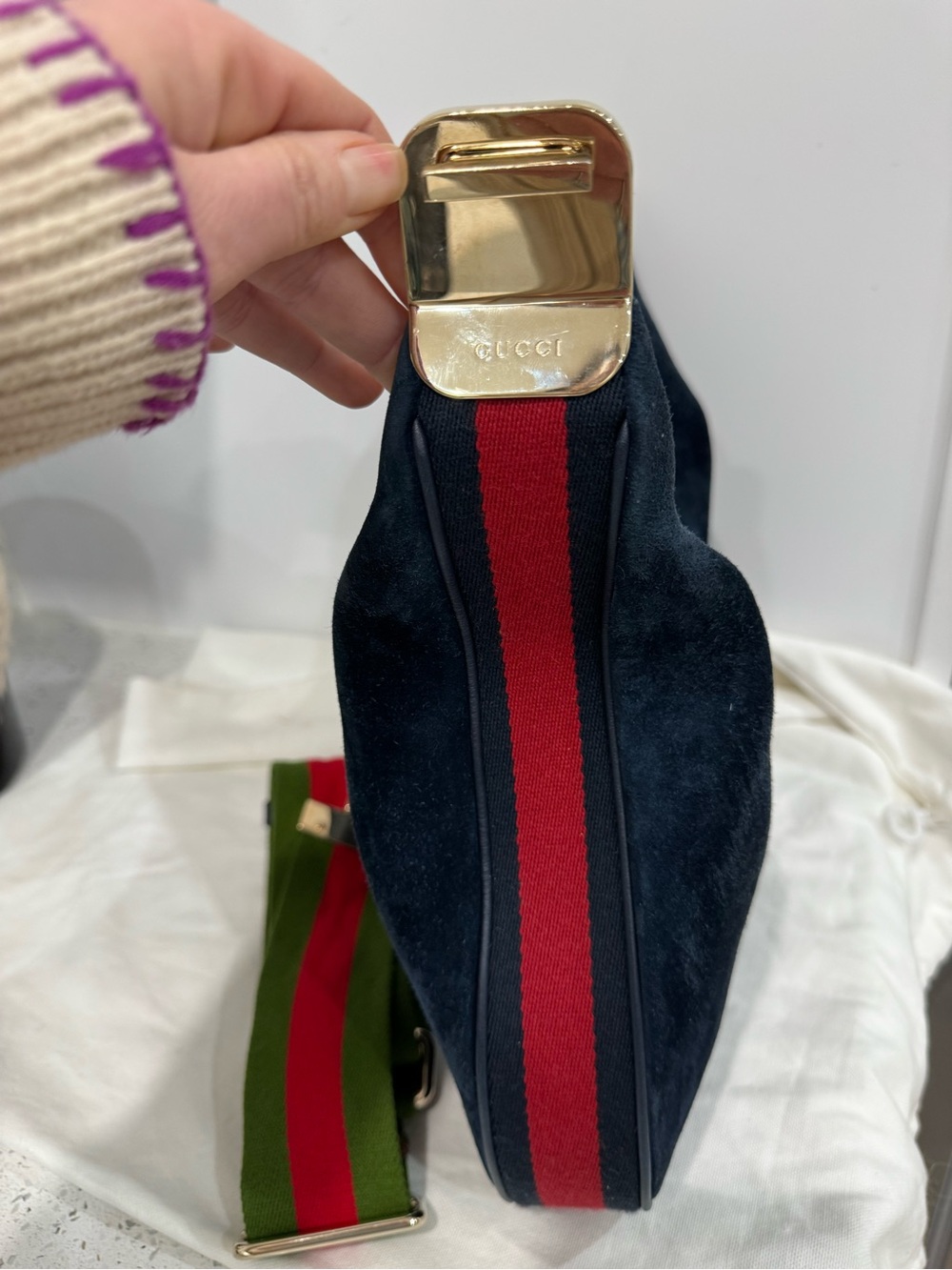 Gucci Web Attaché crossbody Suede Crescent Shoulder Bag with Green/Red Web Strap - Picture 9 of 16